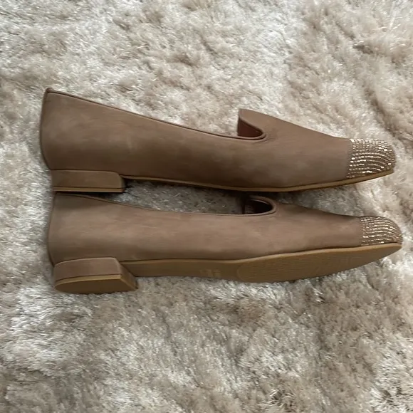 Stuart Weitzman Tan with Rose Gold Rhinestones Ballet Flats Size 10 M