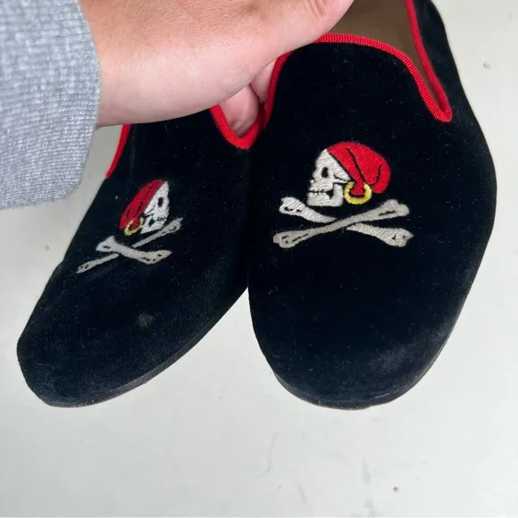 STUBBS &amp; WOOTTON- Pirate Black Velvet Loafers Slip On Preppy Fun Beach Shoe