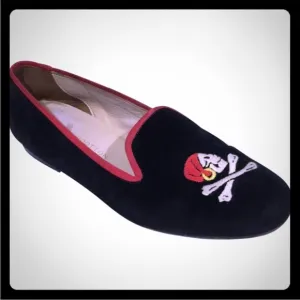 STUBBS &amp; WOOTTON- Pirate Black Velvet Loafers Slip On Preppy Fun Beach Shoe
