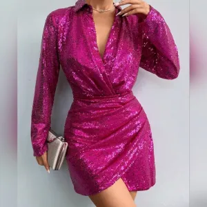 Surplice Neck Wrap Hem Sequin Dress