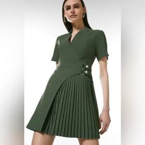 Tailored Military Pleat Notch Neck Wrap Mini Dress in “Khaki”