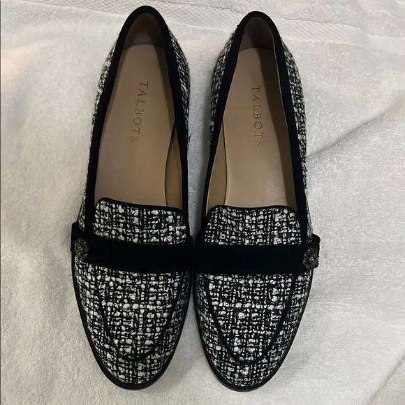 Talbots Black and White LEIGHTON BOUCLÉ Tweed Loafers sz 9