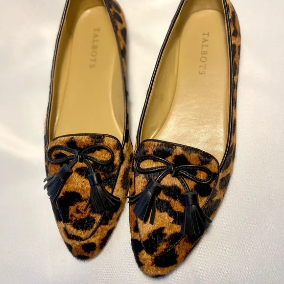 Talbots Classic Bow Leopard Francesca Leather Pointed Toe Flats Calf Hair 7M