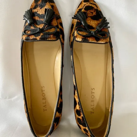 Talbots Classic Bow Leopard Francesca Leather Pointed Toe Flats Calf Hair 7M