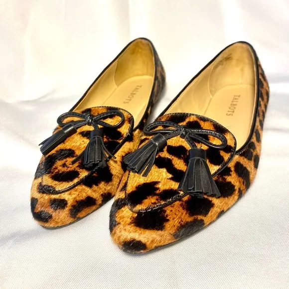 Talbots Classic Bow Leopard Francesca Leather Pointed Toe Flats Calf Hair 7M