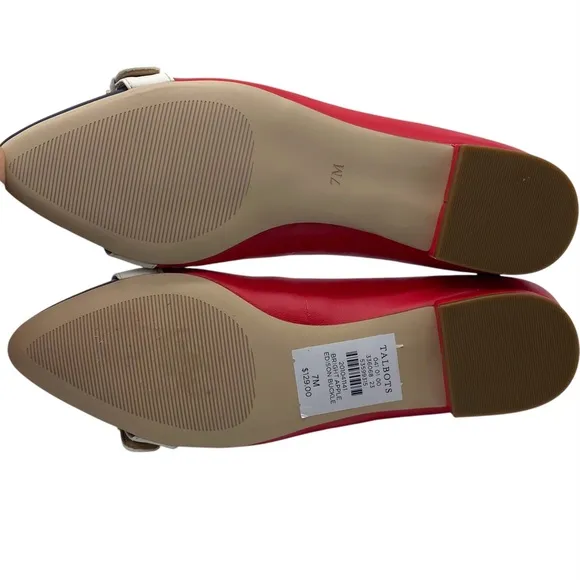 Talbots Womens Shoes Edison Buckle Bright Apple Flats 7 Red White Blue Leather