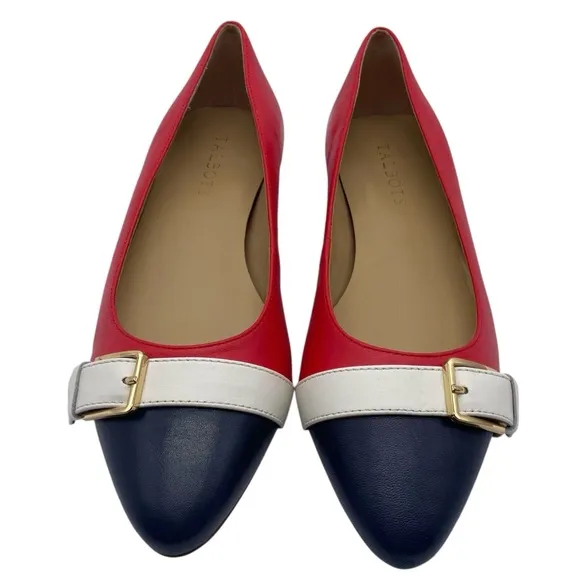 Talbots Womens Shoes Edison Buckle Bright Apple Flats 7 Red White Blue Leather