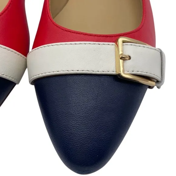 Talbots Womens Shoes Edison Buckle Bright Apple Flats 7 Red White Blue Leather