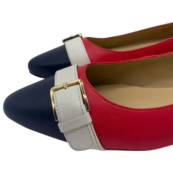 Talbots Womens Shoes Edison Buckle Bright Apple Flats 7 Red White Blue Leather
