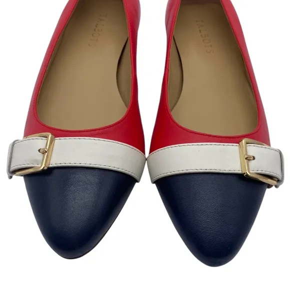 Talbots Womens Shoes Edison Buckle Bright Apple Flats 7 Red White Blue Leather