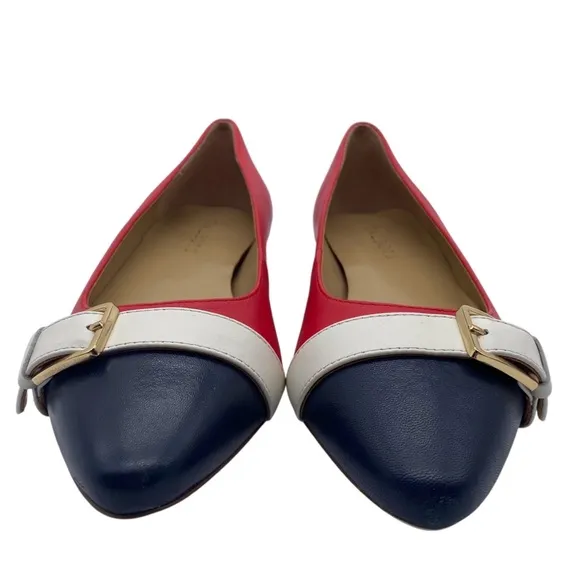 Talbots Womens Shoes Edison Buckle Bright Apple Flats 7 Red White Blue Leather
