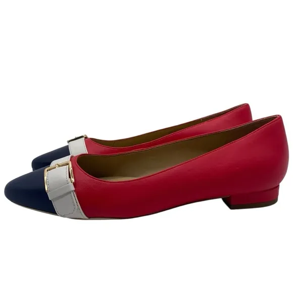 Talbots Womens Shoes Edison Buckle Bright Apple Flats 7 Red White Blue Leather
