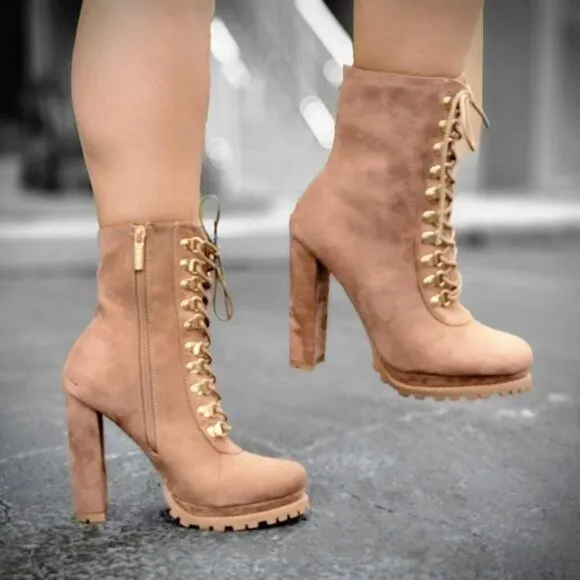 Taupe Lace up Platform Lug Sole Heeled Boots