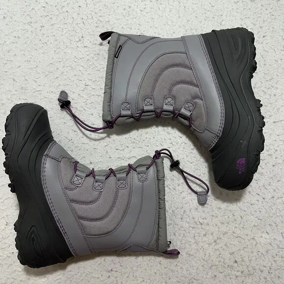 The North Face Girl’s 6 Alpenglow IV Snow Boots Gray   Purple Lace Up ThermaFelt