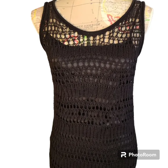 THEORY Size 2 Black Bohemian Sleeveless Sheer Crochet Lined Cotton Midi Dress