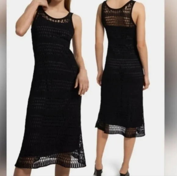 THEORY Size 2 Black Bohemian Sleeveless Sheer Crochet Lined Cotton Midi Dress