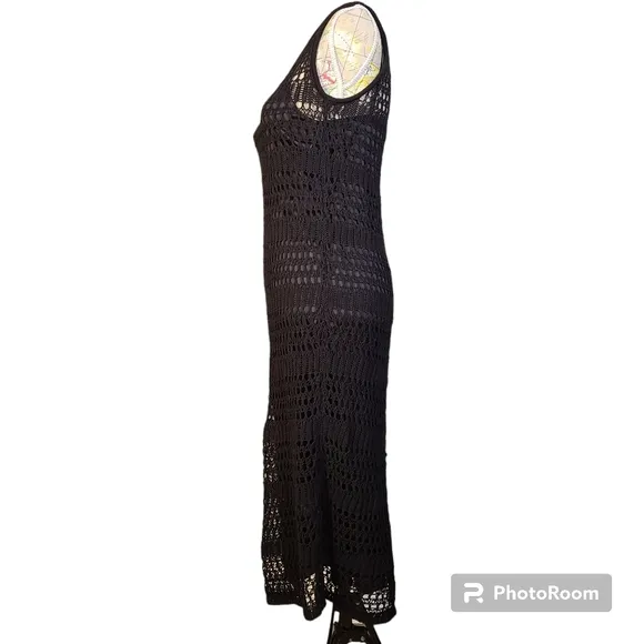 THEORY Size 2 Black Bohemian Sleeveless Sheer Crochet Lined Cotton Midi Dress