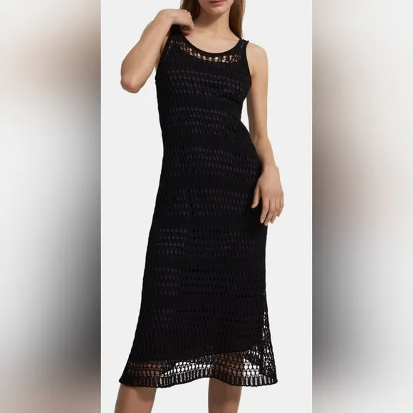 THEORY Size 2 Black Bohemian Sleeveless Sheer Crochet Lined Cotton Midi Dress