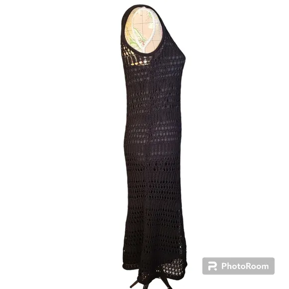 THEORY Size 2 Black Bohemian Sleeveless Sheer Crochet Lined Cotton Midi Dress