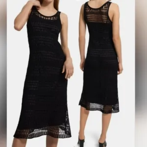 THEORY Size 2 Black Bohemian Sleeveless Sheer Crochet Lined Cotton Midi Dress