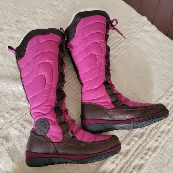 Timberland Crystal Mountain Leather Puffer Fur Lace Up High Snow Boots size 8