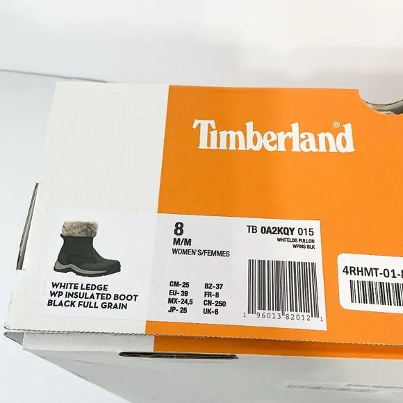 Timberland NWB Sz 8 Jet Black White Ledge Mid PrimaLoft Pull-On Snow Boots