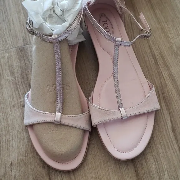 Tods Pink Metallic Suede Leather Strappy Flat Sandals Size 6