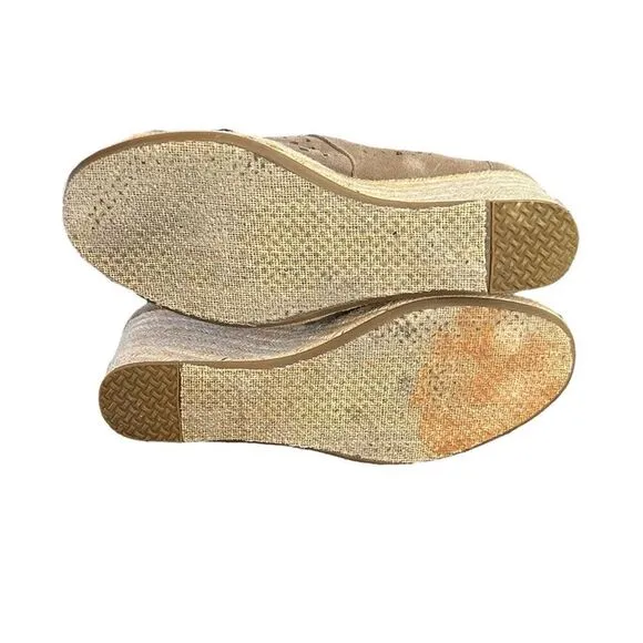 Toms Moroccan Taupe Suede Cutout Eyelets Lace Up Espadrille Wedge Heel Size 9