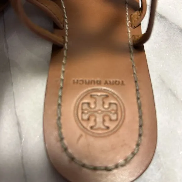 Tori Burch Leticia strappy sandals thongs women’s sz 6.5 gold logo