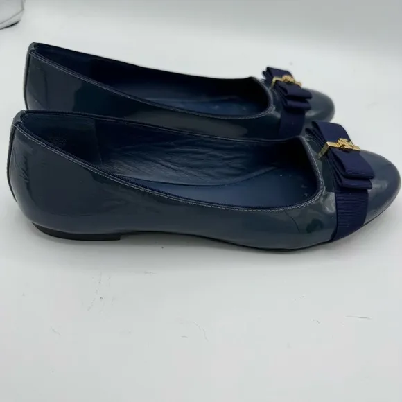 TORY BURCH $250 Trudy navy blue patent grosgrain bow ballet smoking flats 7.5
