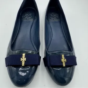 TORY BURCH $250 Trudy navy blue patent grosgrain bow ballet smoking flats 7.5