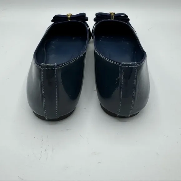 TORY BURCH $250 Trudy navy blue patent grosgrain bow ballet smoking flats 7.5