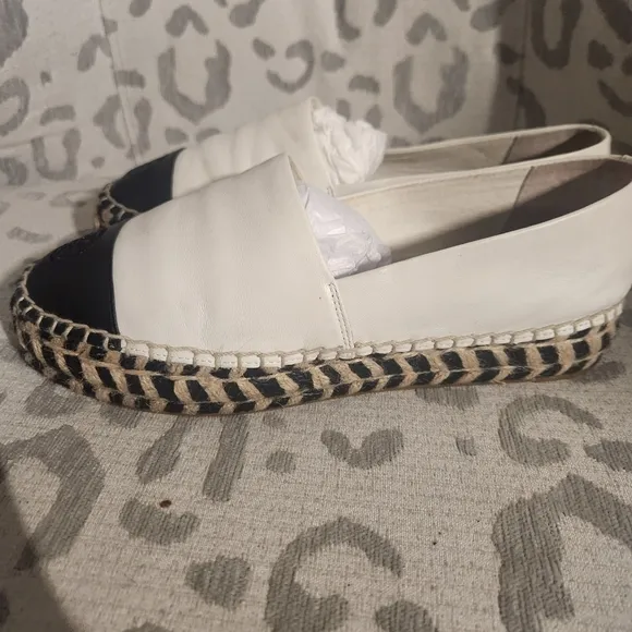 Tory Burch 48533 Colorblock Black White Espadrille Jute Platform EUC