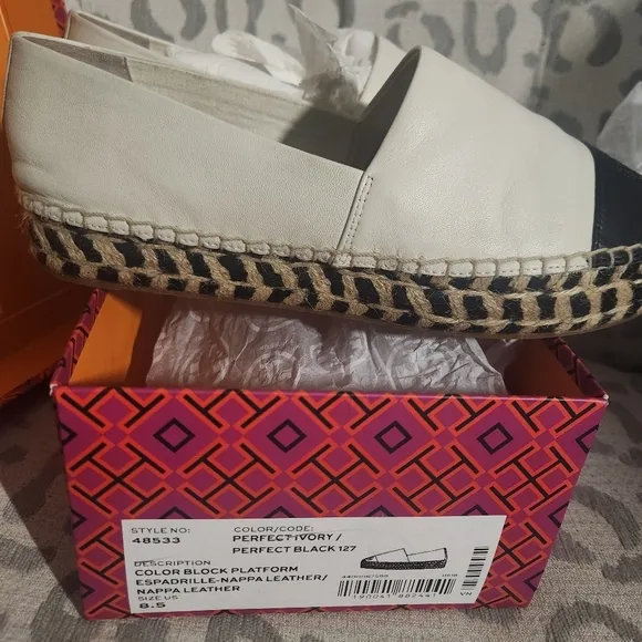 Tory Burch 48533 Colorblock Black White Espadrille Jute Platform EUC