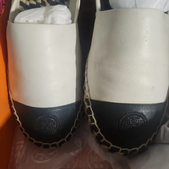 Tory Burch 48533 Colorblock Black White Espadrille Jute Platform EUC
