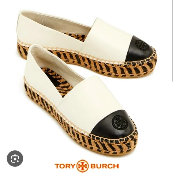 Tory Burch 48533 Colorblock Black White Espadrille Jute Platform EUC