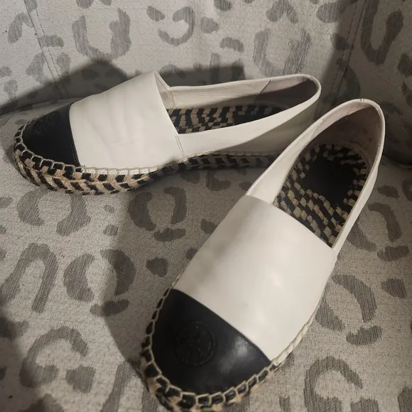 Tory Burch 48533 Colorblock Black White Espadrille Jute Platform EUC