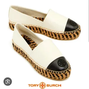 Tory Burch 48533 Colorblock Black White Espadrille Jute Platform EUC