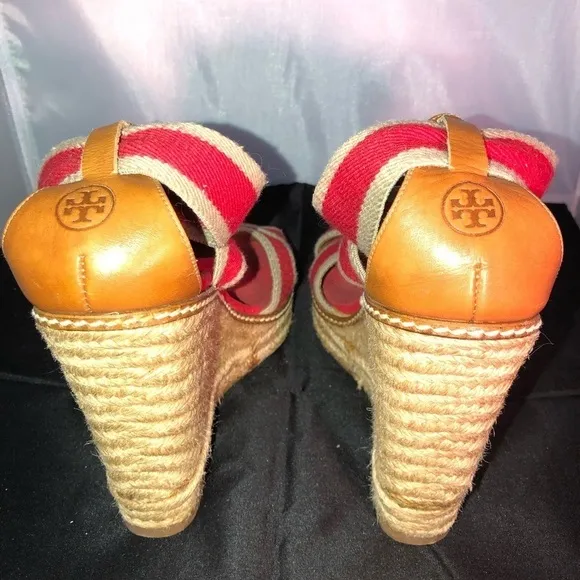 Tory Burch Adonis Red &amp; Tan Wedge Platform Espadrilles Open Toe Size 7