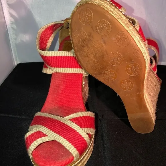 Tory Burch Adonis Red &amp; Tan Wedge Platform Espadrilles Open Toe Size 7