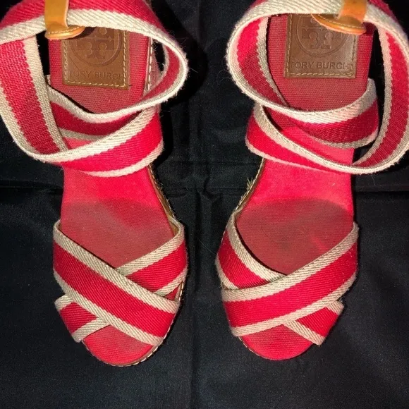 Tory Burch Adonis Red &amp; Tan Wedge Platform Espadrilles Open Toe Size 7