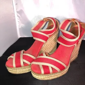 Tory Burch Adonis Red &amp; Tan Wedge Platform Espadrilles Open Toe Size 7