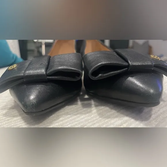 Tory Burch Aimee Black Leather Bow Pointed Toe Flats Shoes Size 7