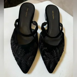 Tory Burch Black Flats with Intricate Woven Design