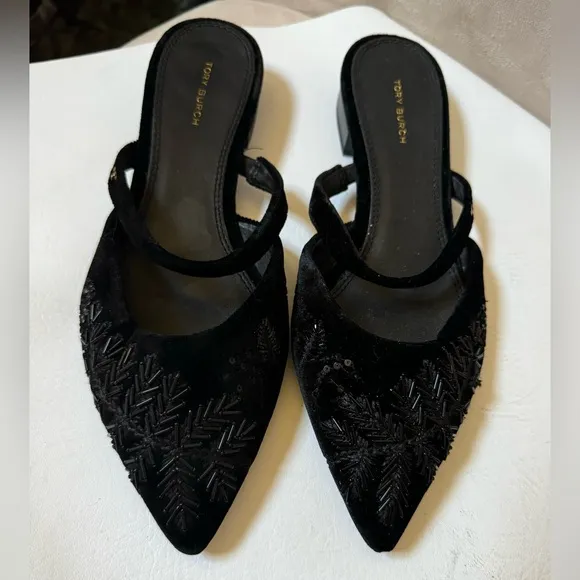 Tory Burch Black Flats with Intricate Woven Design