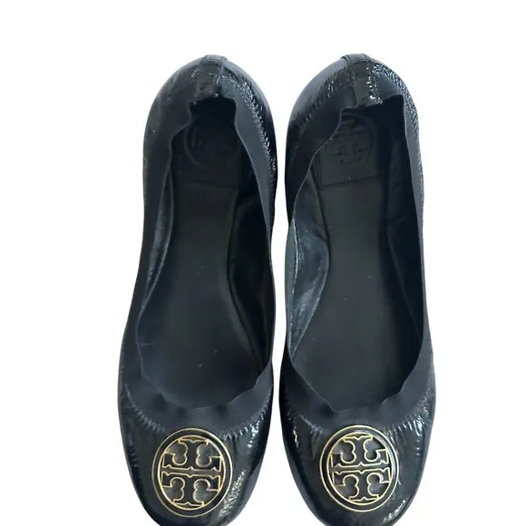 TORY BURCH Black Patent Leather Logo Ballet Flats Size 8