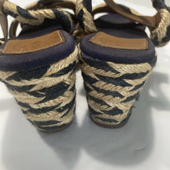 Tory Burch Blue Tan Camelia Espadrille Wedges with Adjustable Straps size 6