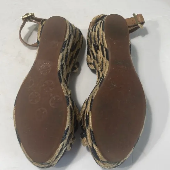 Tory Burch Blue Tan Camelia Espadrille Wedges with Adjustable Straps size 6