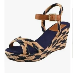 Tory Burch Blue Tan Camelia Espadrille Wedges with Adjustable Straps size 6