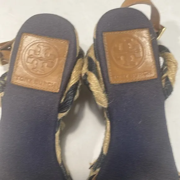 Tory Burch Blue Tan Camelia Espadrille Wedges with Adjustable Straps size 6